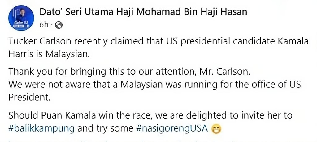A screen grab of the Malaysian foreign minister’s Facebook post responding to Tucker Carlson’s disparaging remarks about Kamala Harris. Photo: Facebook/TokMatHasanN9 A screen grab of the Malaysian foreign minister’s Facebook post responding to Tucker Carlson’s disparaging remarks about Kamala Harris. Photo: Facebook/TokMatHasanN9