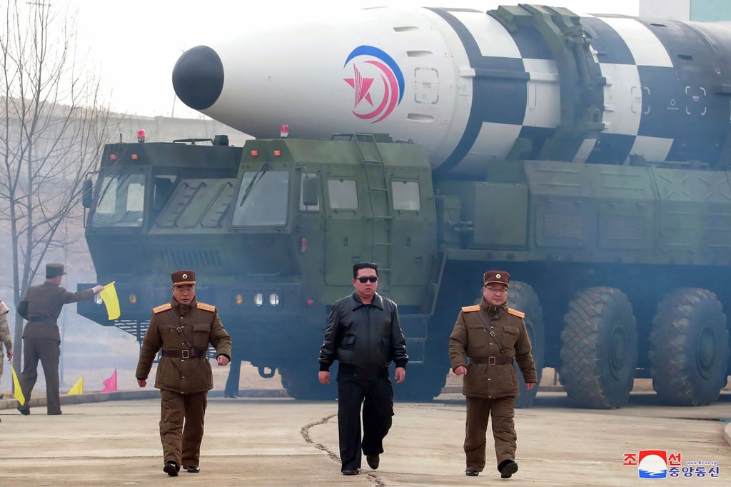 North Korean leader Kim Jong-un, centre, and a Hwasong-17 intercontinental ballistic missile in March, 2022. File photo: Korea News Service via AP North Korean leader Kim Jong-un, centre, and a Hwasong-17 intercontinental ballistic missile in March, 2022. File photo: Korea News Service via AP