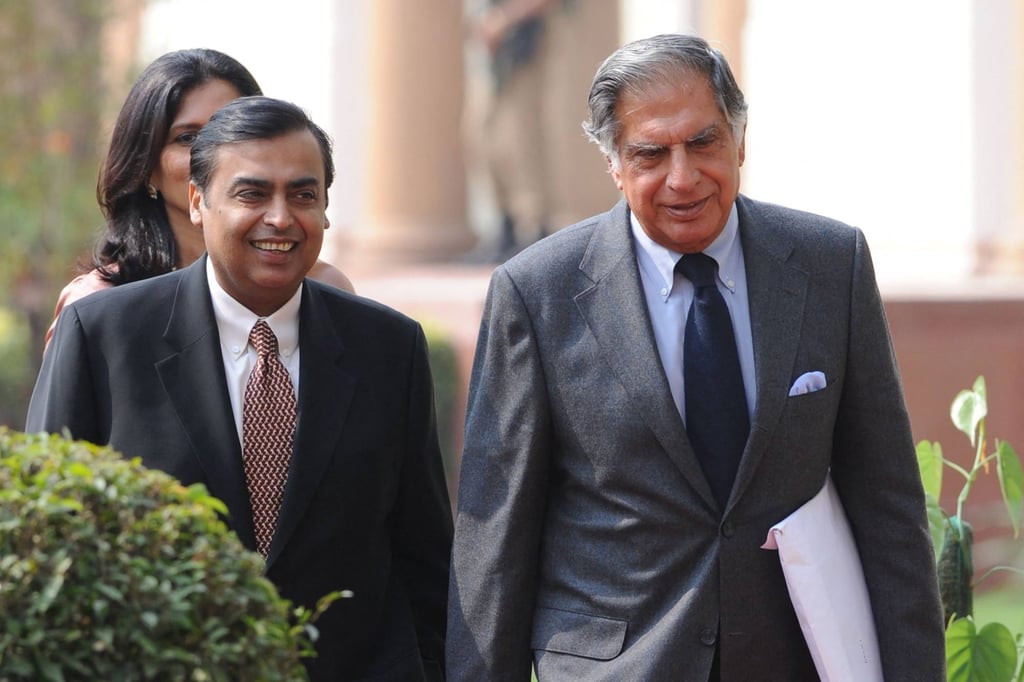 Indian industrialists Ratan Tata (right) and Mukesh Ambani in 2010. Photo: AFP Indian industrialists Ratan Tata (right) and Mukesh Ambani in 2010. Photo: AFP