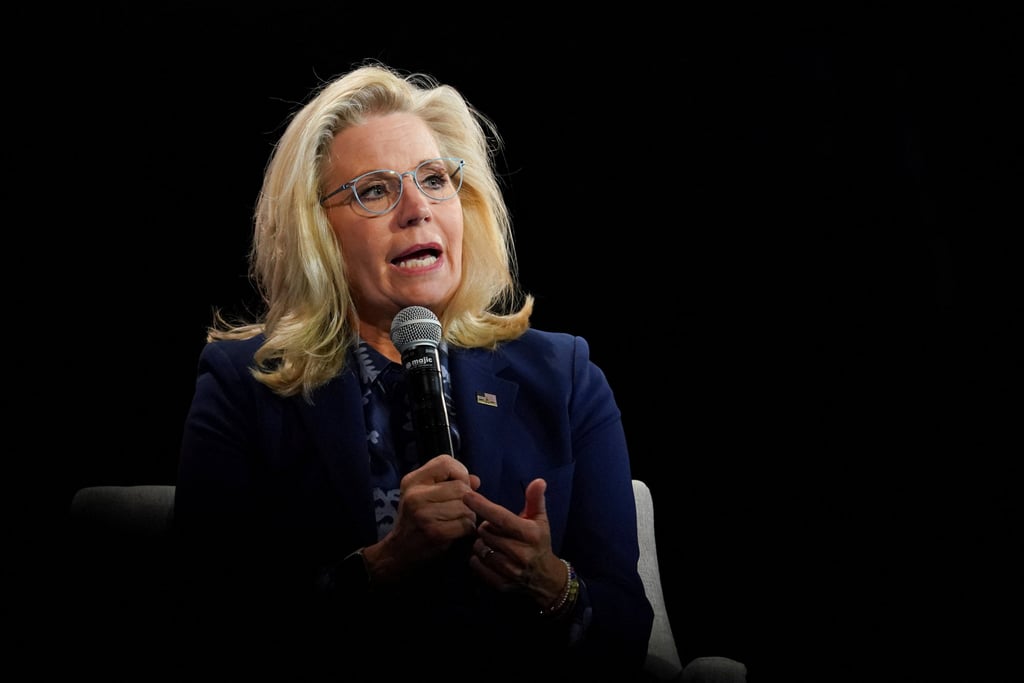 Former US Representative Liz Cheney speaks during a conversation with Democratic presidential nominee US. Vice President Kamala Harris in Brookfield, Wisconsin, on October 21. Photo: Reuters Former US Representative Liz Cheney speaks during a conversation with Democratic presidential nominee US. Vice President Kamala Harris in Brookfield, Wisconsin, on October 21. Photo: Reuters