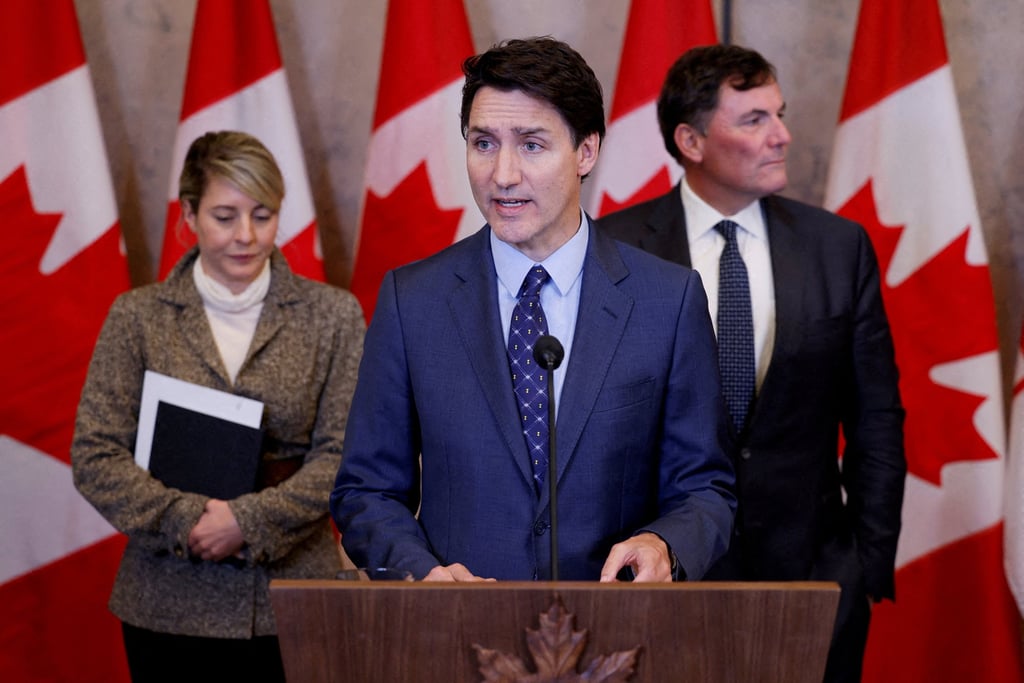 Canada’s Prime Minister Justin Trudeau, with Minister of Foreign Affairs Melanie Joly and Minister of Public Safety, Democratic Institutions and Intergovernmental Affairs Dominic LeBlanc, takes part in a press conference about the Royal Canadian Mounted Police’s investigation into “violent criminal activity in Canada with connections to India”, on Parliament Hill in Ottawa, Ontario, Canada, on October 14. Photo: Reuters