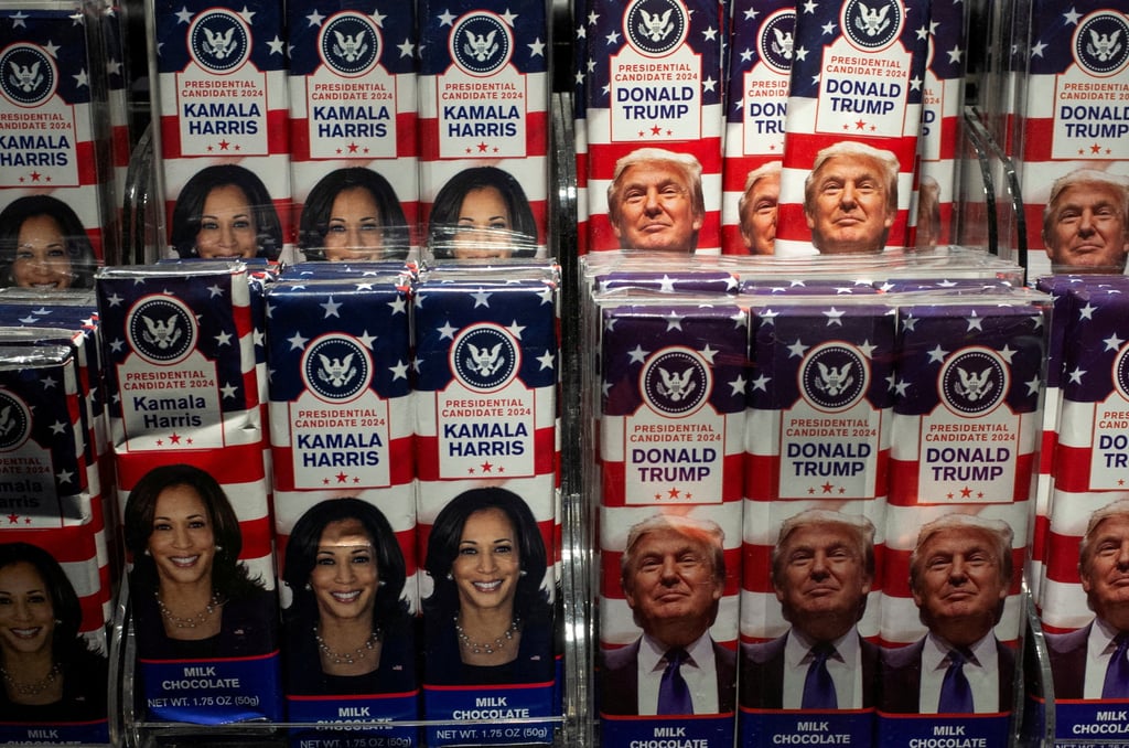 Chocolate bars showing the faces of Democratic presidential nominee US Vice President Kamala Harris and Republican presidential nominee and former US President Donald Trump are displayed at a store in New York last month. Photo: Reuters Chocolate bars showing the faces of Democratic presidential nominee US Vice President Kamala Harris and Republican presidential nominee and former US President Donald Trump are displayed at a store in New York last month. Photo: Reuters
