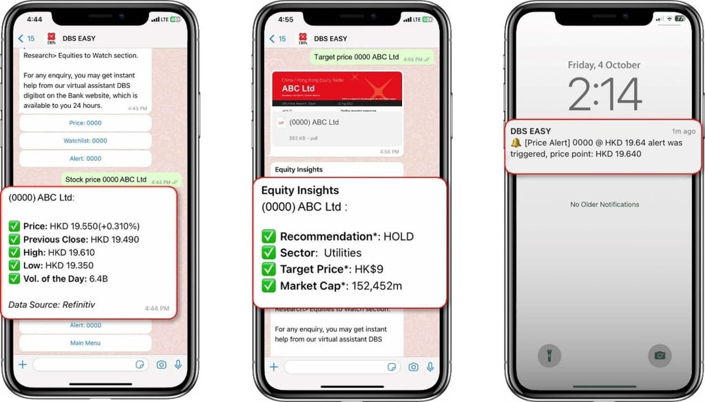 WhatsApp-based chatbot DBS Easy makes it easier for clients to keep up with the markets. Terms and conditions apply. WhatsApp-based chatbot DBS Easy makes it easier for clients to keep up with the markets. Terms and conditions apply.