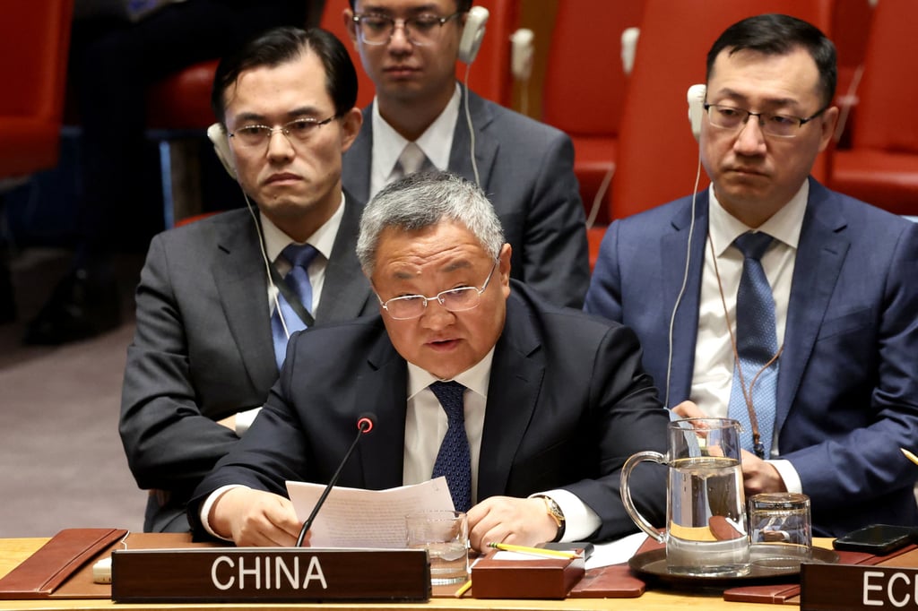 China’ UN ambassador Fu Cong speaks during a UN Security Council meeting in New York on October 16. Photo: Reuters