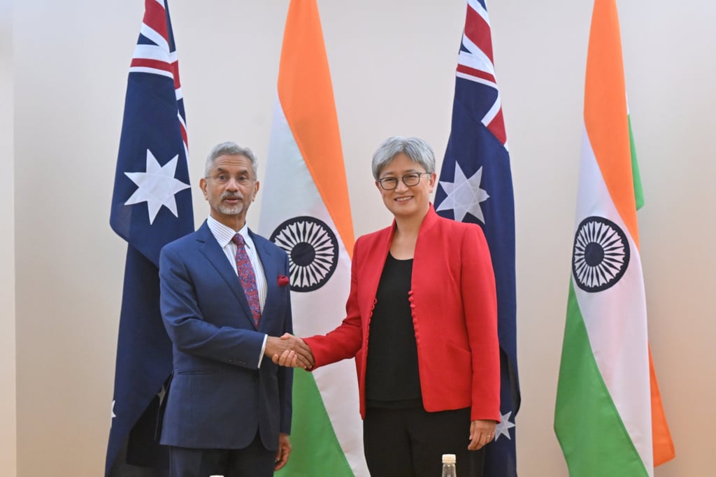 India’s S. Jaishankar and Australia’s Penny Wong shake hands at Parliament House in Canberra on Tuesday. Photo: EPA-EFE