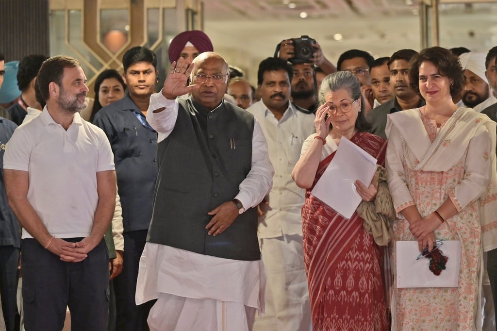 (From left) Rahul Gandhi, Congree President Mallikarjun Kharge, Sonia Gandhi and Priyanka Gandhi. Photo: AP