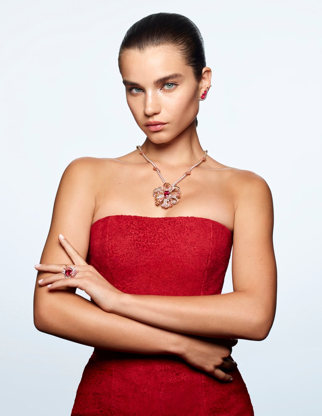 Necklace, ring, earring: Tiffany & Co. Dress: Alexander McQueen