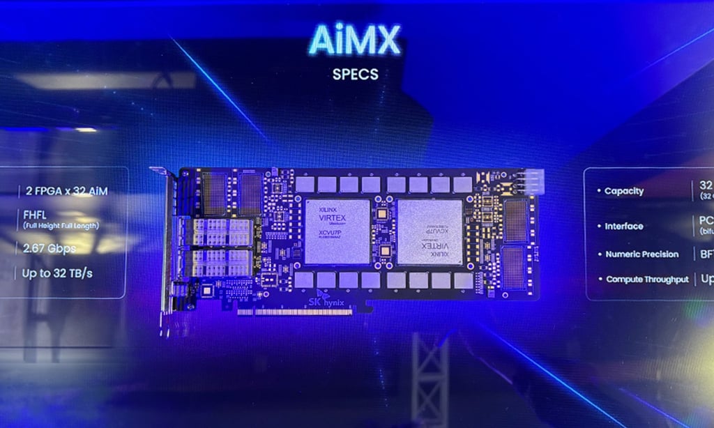 SK Hynix shows its updated Accelerator-in-Memory based Accelerator, known as AiMX and used to boost artificial intelligence performance across data centres, at the China International Import Expo in Shanghai. Photo: Handout SK Hynix shows its updated Accelerator-in-Memory based Accelerator, known as AiMX and used to boost artificial intelligence performance across data centres, at the China International Import Expo in Shanghai. Photo: Handout
