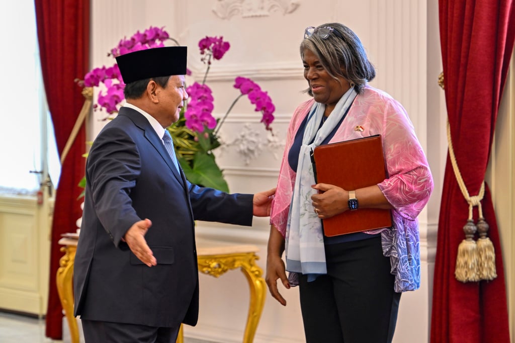 Indonesia’s President Prabowo Subianto (left) receives US Ambassador to the United Nations Linda Thomas-Greenfield before their meeting at the presidential palace in Jakarta, on October 21. Photo: AP Indonesia’s President Prabowo Subianto (left) receives US Ambassador to the United Nations Linda Thomas-Greenfield before their meeting at the presidential palace in Jakarta, on October 21. Photo: AP