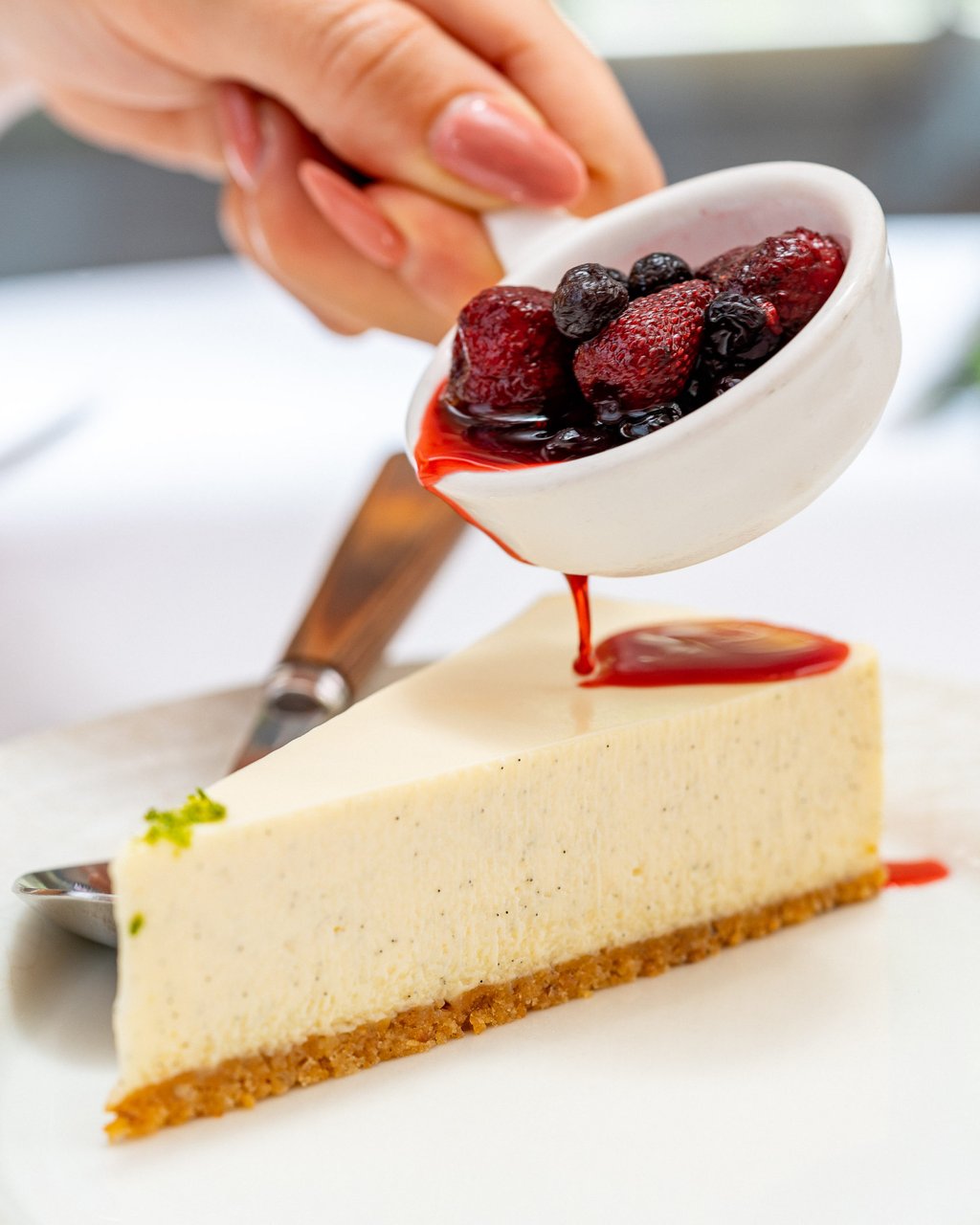 La Petite Maison’s (LPM) gateau au fromage frais comes with a tart blueberry and strawberry compote that cuts through the sweetness of the cream. Photo: Handout La Petite Maison’s (LPM) gateau au fromage frais comes with a tart blueberry and strawberry compote that cuts through the sweetness of the cream. Photo: Handout