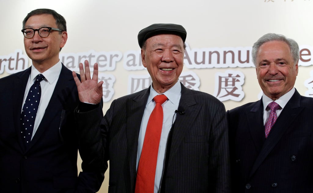 (L-R) Galaxy Entertainment Group’s Deputy Chairman Francis Lui, Chairman Lui Che-woo and President Michael Mecca during the announcement of the company’s annual results in Hong Kong on February 28, 2018. Photo: Reuters