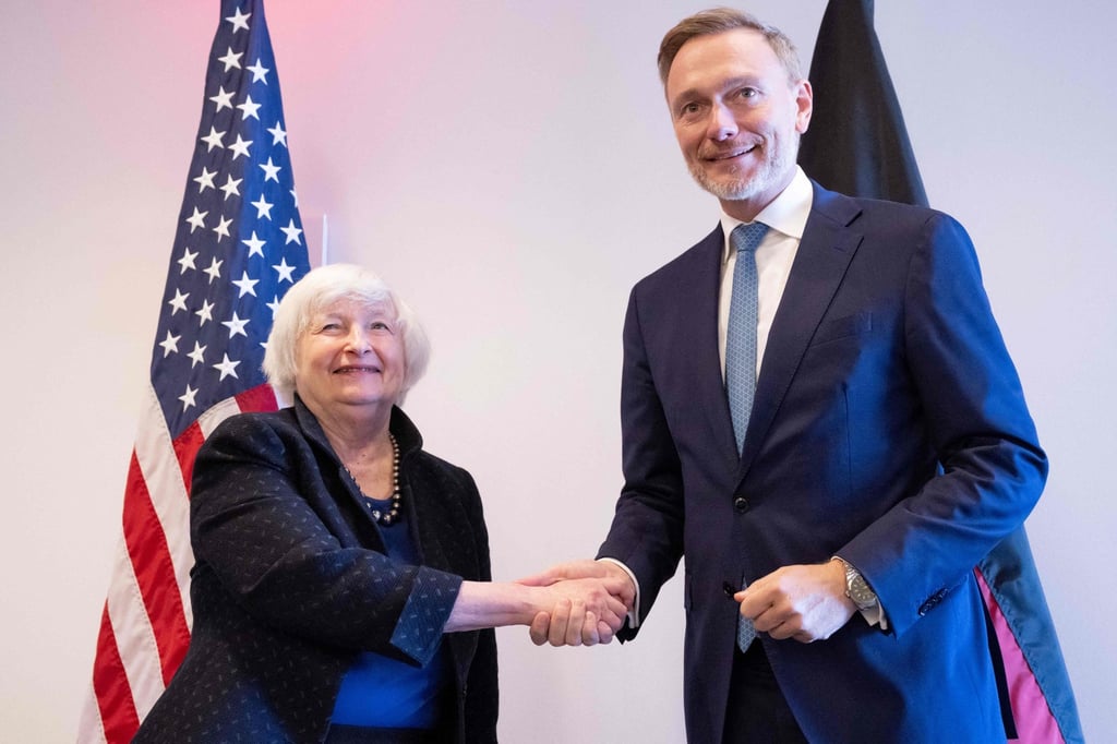 Australian Treasurer Jim Chalmers (right) shakes hands with US Treasury Secretary Janet Yellen before a meeting at IMF headquarters in Washington last month. Photo: AFP Australian Treasurer Jim Chalmers (right) shakes hands with US Treasury Secretary Janet Yellen before a meeting at IMF headquarters in Washington last month. Photo: AFP