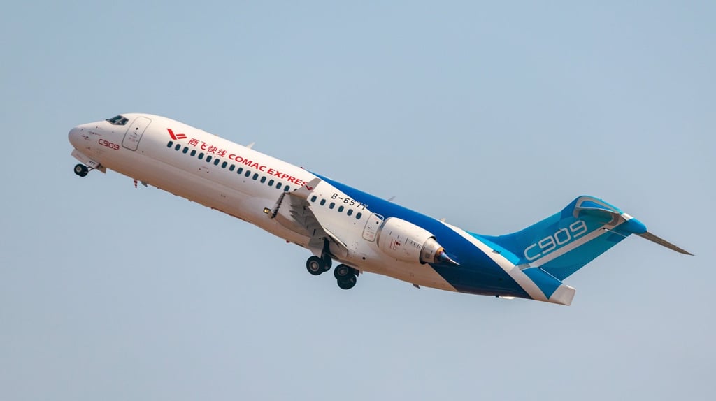 A C909 passenger airplane performs during the flight demonstration part at an air show in Zhuhai. Photo: EPA-EFE