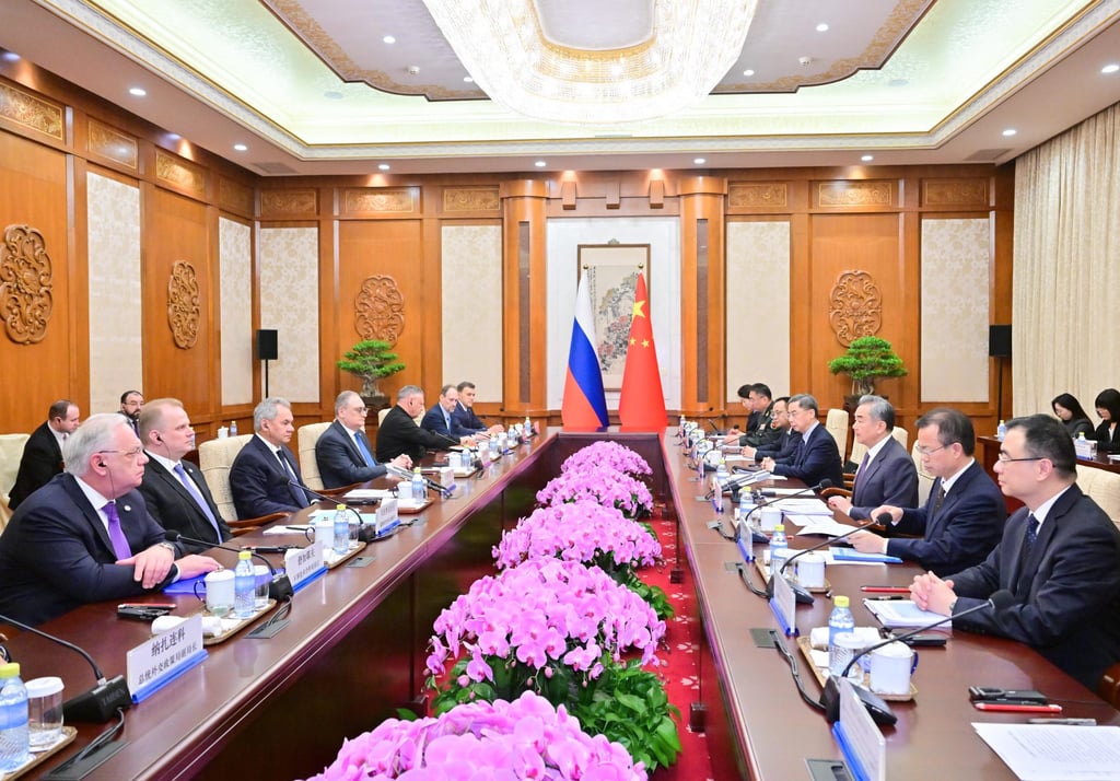 Shoigu and Wang leading their delegations during the China-Russia strategic security consultation in Beijing on Tuesday. Photo: Xinhua Shoigu and Wang leading their delegations during the China-Russia strategic security consultation in Beijing on Tuesday. Photo: Xinhua