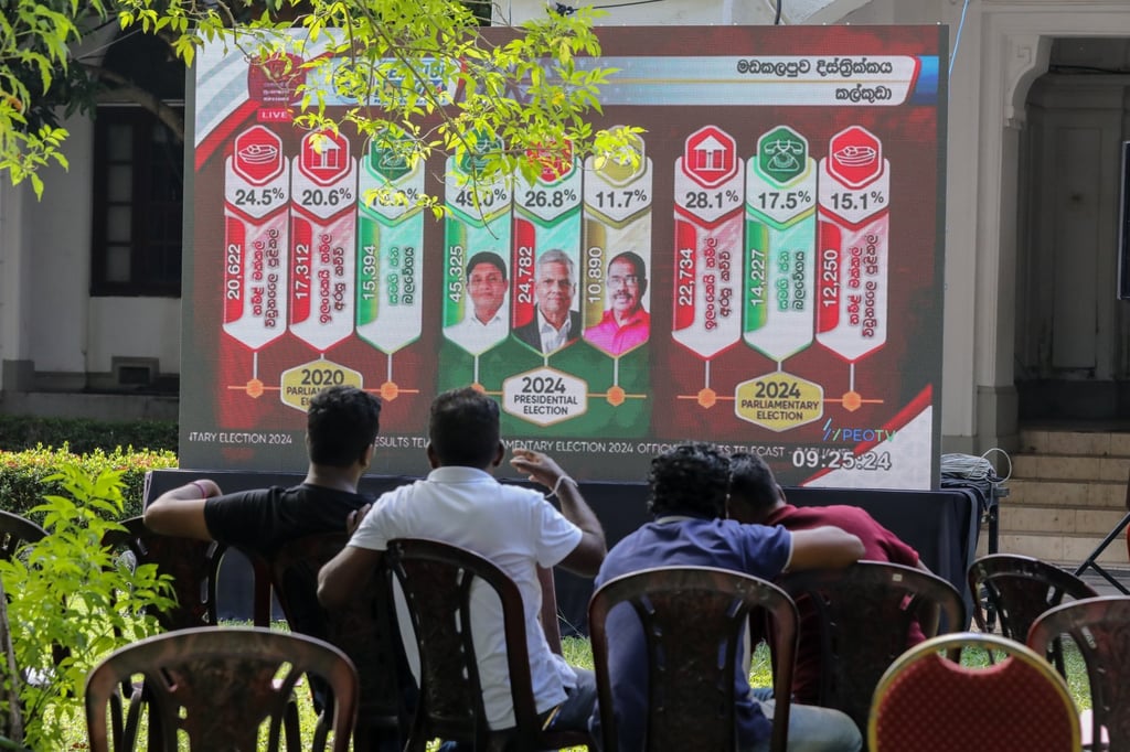People in Colombo, Sri Lanka, watch election results displayed on a giant screen on Friday, the day after the parliamentary election. Photo: EPA-EFE