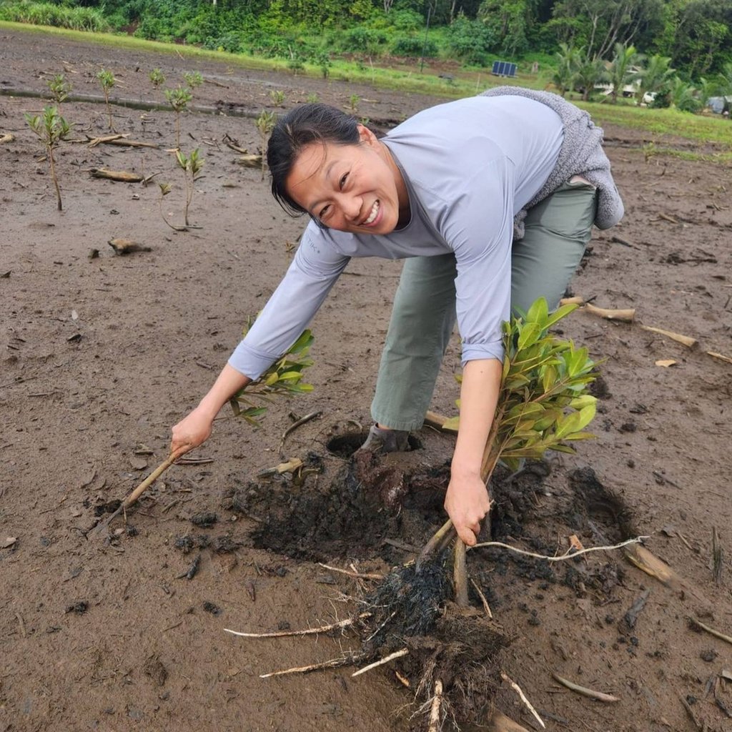 Priscilla helping to clear the centuries-old Alakoko Fishpond, Kauai, Hawaii, of invasive mangrove. Photo: @priscillachan/Instagram