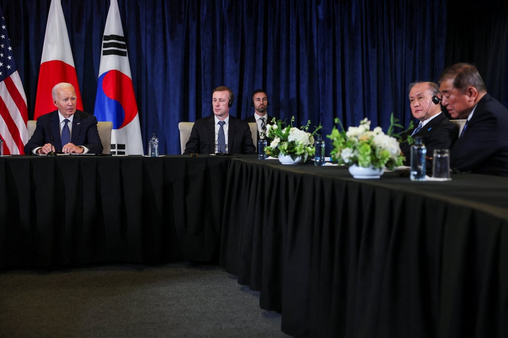 Japan’s Prime Minister Shigeru Ishiba and US President Joe Biden take part in a trilateral meeting with South Korea’s President Yoon Suk-yeol in Lima, Peru, on Friday. Photo: Reuters Japan’s Prime Minister Shigeru Ishiba and US President Joe Biden take part in a trilateral meeting with South Korea’s President Yoon Suk-yeol in Lima, Peru, on Friday. Photo: Reuters