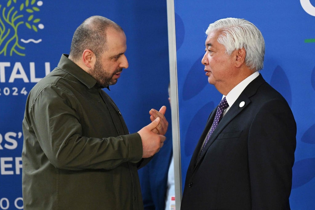 Ukraine’s Defence Minister Rustem Umerov (left) and Japan’s then-incoming Defence Minister Gen Nakatani during the Group of Seven (G7) Defence Ministers Summit at the Palazzo Reale in Naples, Italy, on October 19. Photo: AFP Ukraine’s Defence Minister Rustem Umerov (left) and Japan’s then-incoming Defence Minister Gen Nakatani during the Group of Seven (G7) Defence Ministers Summit at the Palazzo Reale in Naples, Italy, on October 19. Photo: AFP