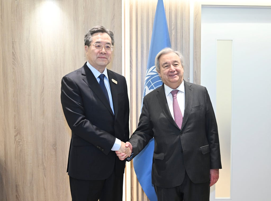 Chinese President Xi Jinping’s Special Representative Ding Xuexiang, also a member of the Standing Committee of the Political Bureau of the Communist Party of China Central Committee and Chinese vice-premier, meets with UN Secretary-General Antonio Guterres during Cop29 in Baku, Azerbaijan, on Wednesday. Photo: Xinhua