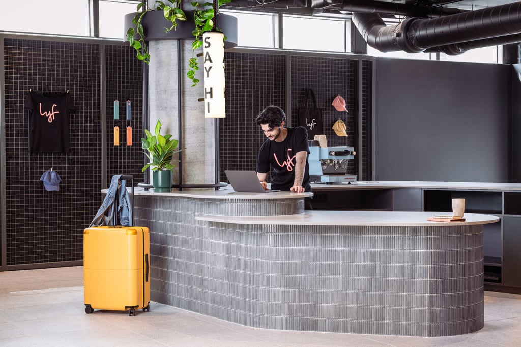 The check-in counter at Lyf Collingwood doubles as a cafe to celebrate Melbourne’s coffee culture. The check-in counter at Lyf Collingwood doubles as a cafe to celebrate Melbourne’s coffee culture.