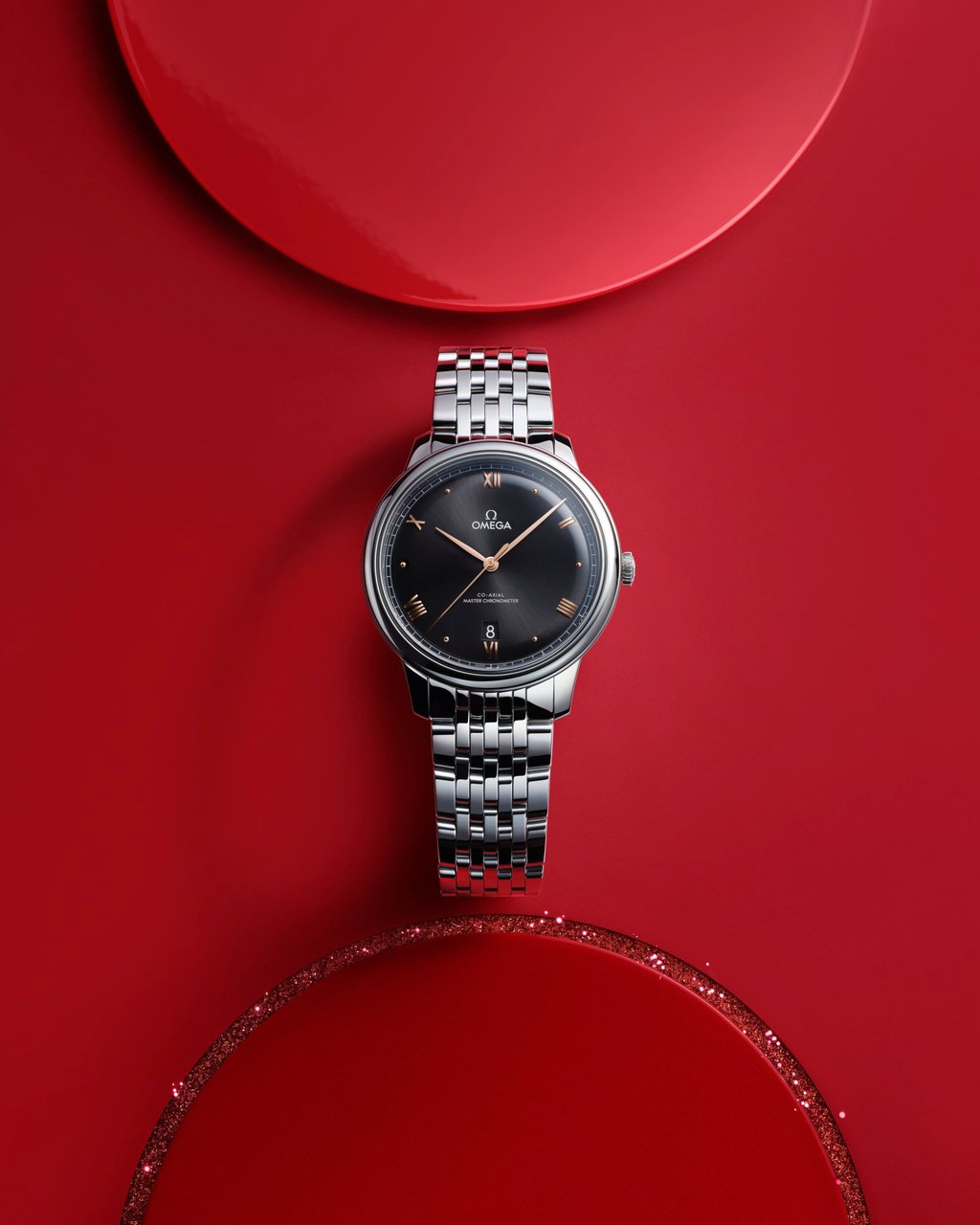 The Omega De Ville Prestige has gold hands and indices that contrast wonderfully with its black dial. Photo: Handout