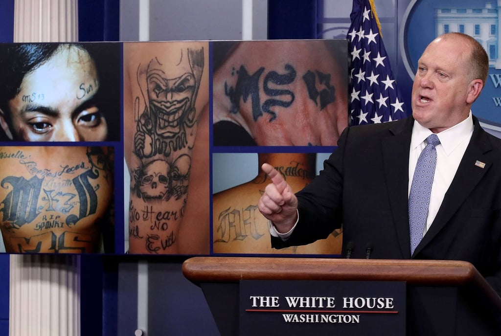 Tom Homan, Director of Immigration and Customs Enforcement, answers questions in front of gang related photos from the MS-13 gang during a daily briefing at the White House on July 27, 2017. Photo: AFP Tom Homan, Director of Immigration and Customs Enforcement, answers questions in front of gang related photos from the MS-13 gang during a daily briefing at the White House on July 27, 2017. Photo: AFP