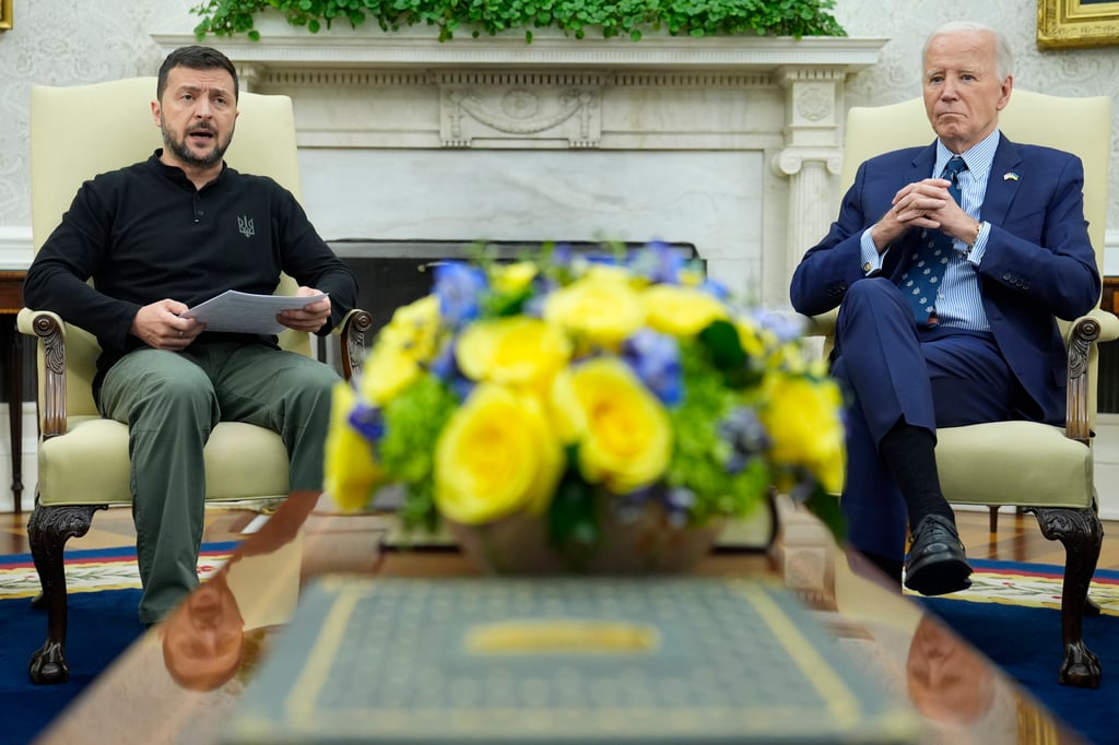 US President Joe Biden, right, and Ukraine’s President Volodymyr Zelensky during a meeting in the Oval Office at the White House in Washington in September. Photo: AP US President Joe Biden, right, and Ukraine’s President Volodymyr Zelensky during a meeting in the Oval Office at the White House in Washington in September. Photo: AP