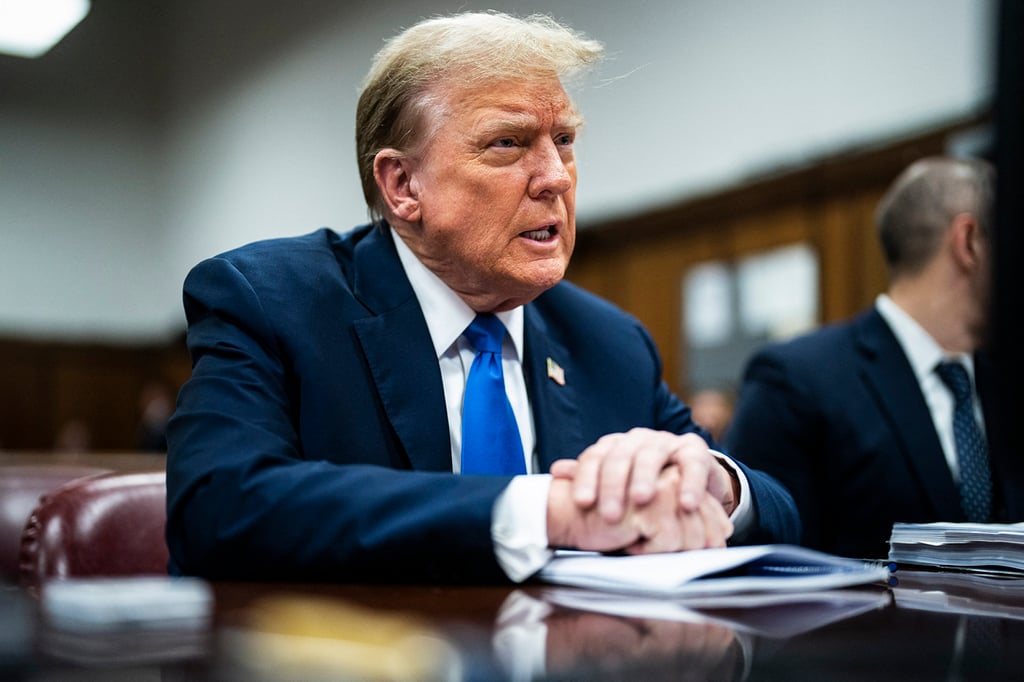 Donald Trump attends his trial for allegedly covering up hush money payments linked to extramarital affairs, at Manhattan Criminal Court in New York City on April 18. Photo: Pool/TNS Donald Trump attends his trial for allegedly covering up hush money payments linked to extramarital affairs, at Manhattan Criminal Court in New York City on April 18. Photo: Pool/TNS