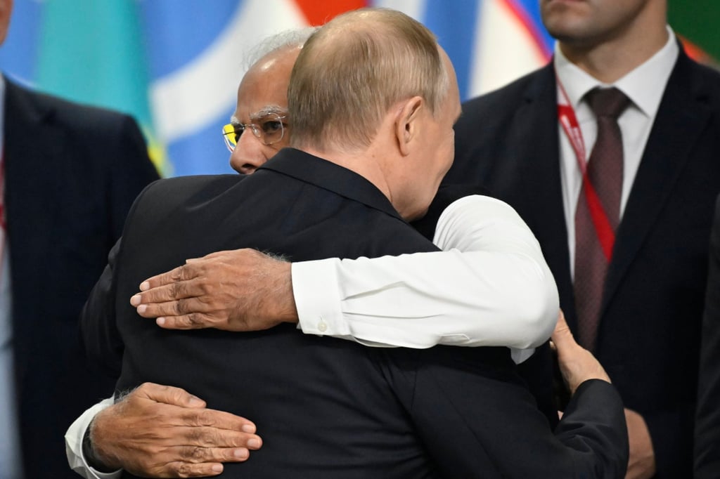 India’s Narendra Modi embraces Russian President Vladimir Putin at the Brics summit in Kazan last month. Photo: EPA-EFE