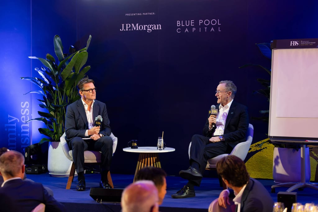 Howard Marks (right), co-founder and co-chairman of Oaktree Capital Management in a fireside chat with Sjoerd Leenart, CEO of JPMorgan Chase Asia-Pacific CEO during the pre-summit dinner of the 2024 Family Business Summit in Hong Kong. Photo: SCMP Howard Marks (right), co-founder and co-chairman of Oaktree Capital Management in a fireside chat with Sjoerd Leenart, CEO of JPMorgan Chase Asia-Pacific CEO during the pre-summit dinner of the 2024 Family Business Summit in Hong Kong. Photo: SCMP