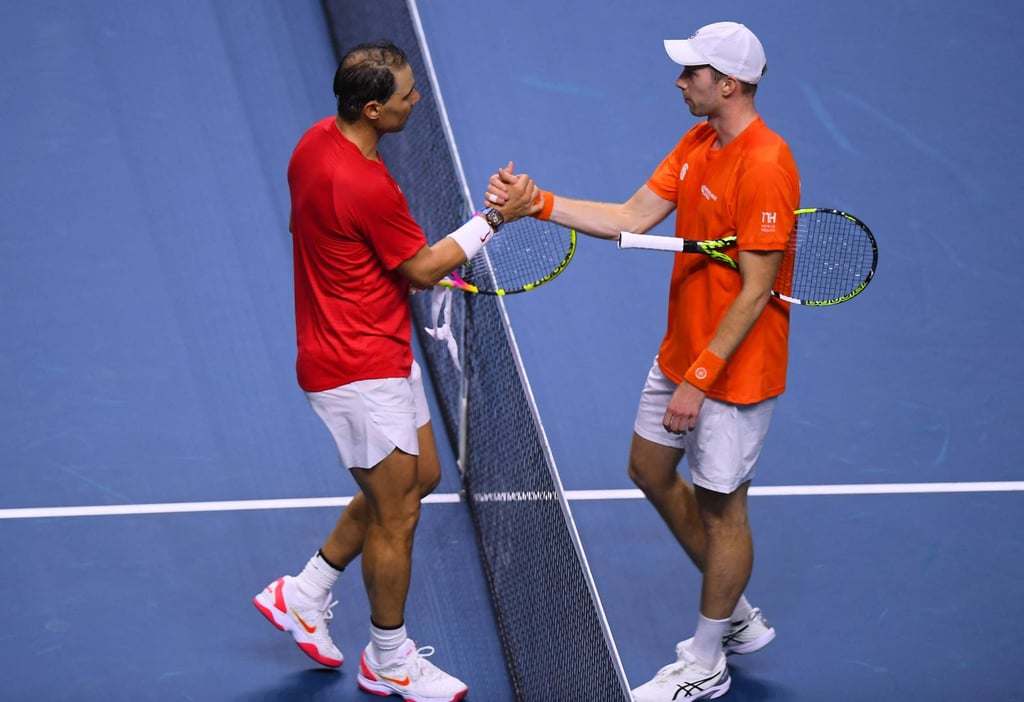 Rafael Nadal greets Botic van de Zandschulp at the end of the quarter-final match at the Davis Cup. Photo: AFP Rafael Nadal greets Botic van de Zandschulp at the end of the quarter-final match at the Davis Cup. Photo: AFP