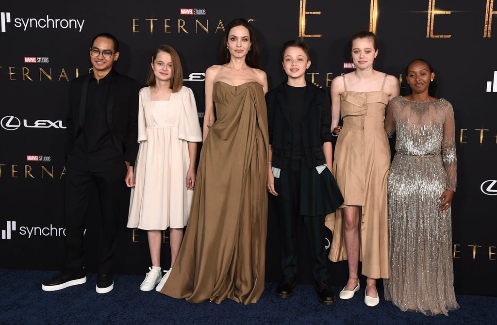 From left to right: Maddox, Vivienne, Angelina Jolie, Knox, Shiloh and Zahara at the premiere of Eternals in 2021. Photo: Invision/AP