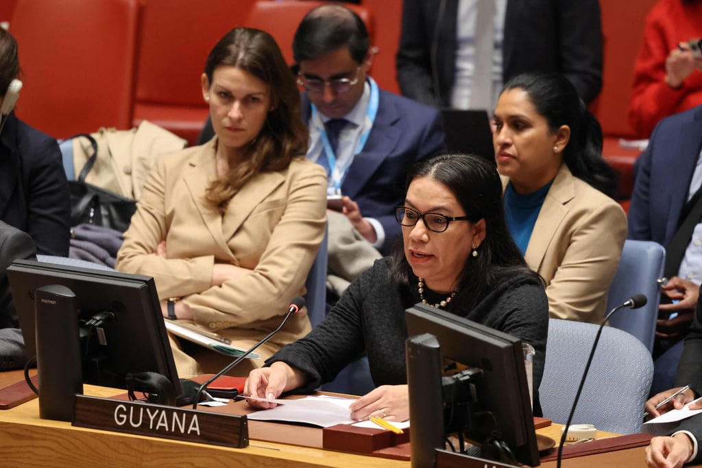 Ambassador Carolyn Rodrigues-Birkett, Guyana’s Permanent Representative to the UN, speaks during a United Nations Security Council meeting in New York on Wednesday. Photo: AFP Ambassador Carolyn Rodrigues-Birkett, Guyana’s Permanent Representative to the UN, speaks during a United Nations Security Council meeting in New York on Wednesday. Photo: AFP
