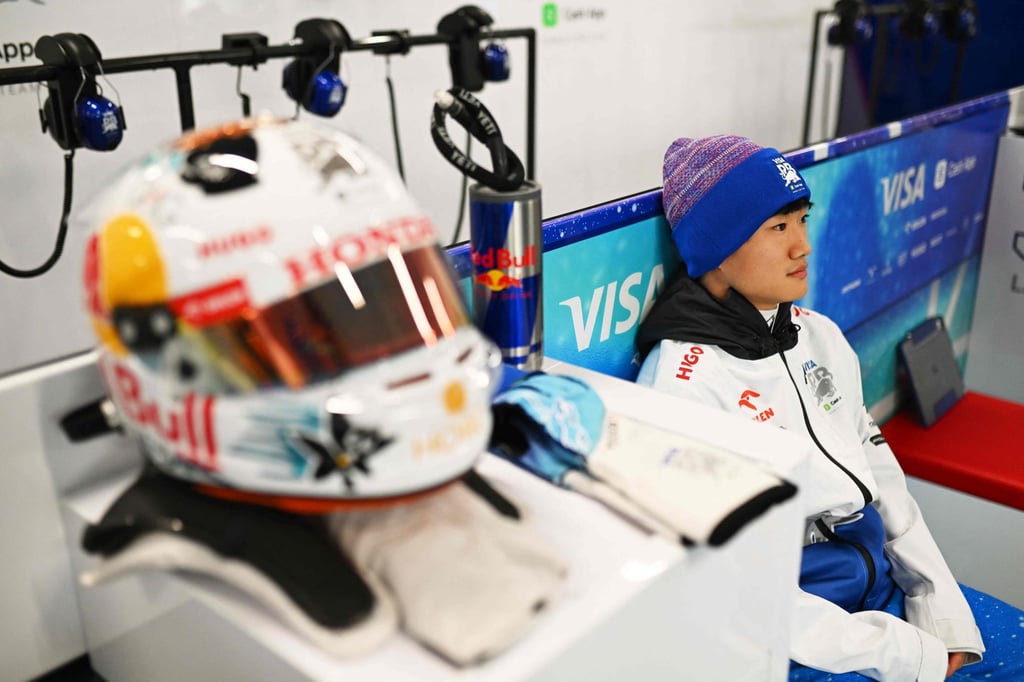 Yuki Tsunoda looks on in the garage during practice ahead at Las Vegas Strip Circuit on Thursday. Photo: AFP