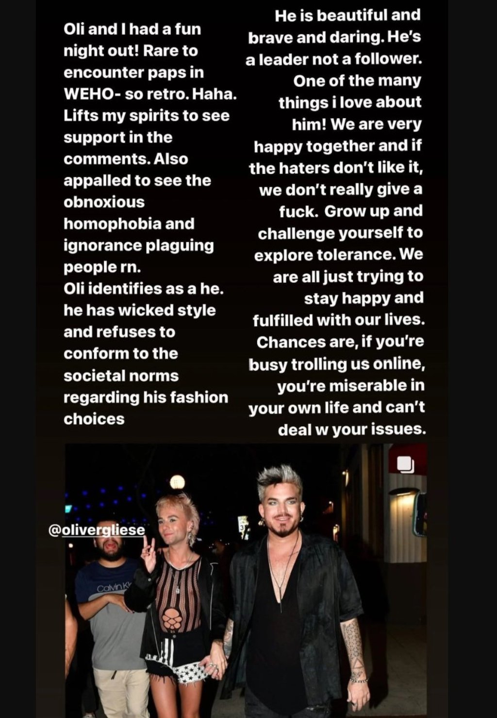 Adam Lambert defends boyfriend Oliver Gliese in an Instagram post. Photo: @adamlambert/Instagram