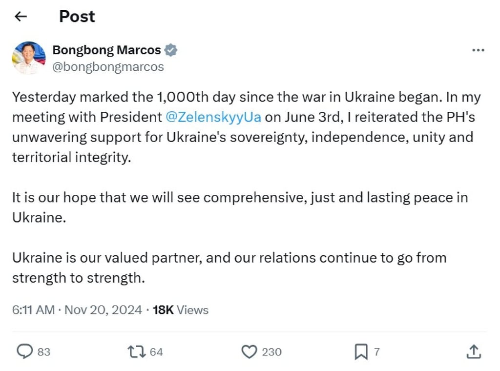 A post on X by Philippine President Ferdinand Marcos Jnr showing his support for Ukraine. Photo: X/@bongbongmarcos