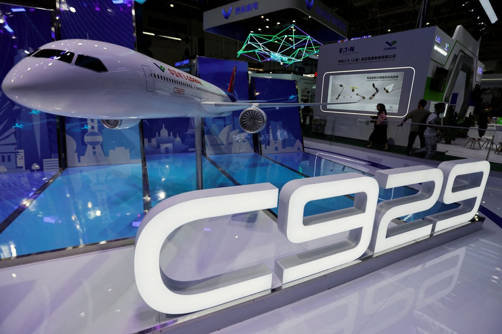 A model of a C929 aircraft is displayed at the Comac booth during the China International Aviation and Aerospace Exhibition in Zhuhai on November 14. Photo: Reuters A model of a C929 aircraft is displayed at the Comac booth during the China International Aviation and Aerospace Exhibition in Zhuhai on November 14. Photo: Reuters