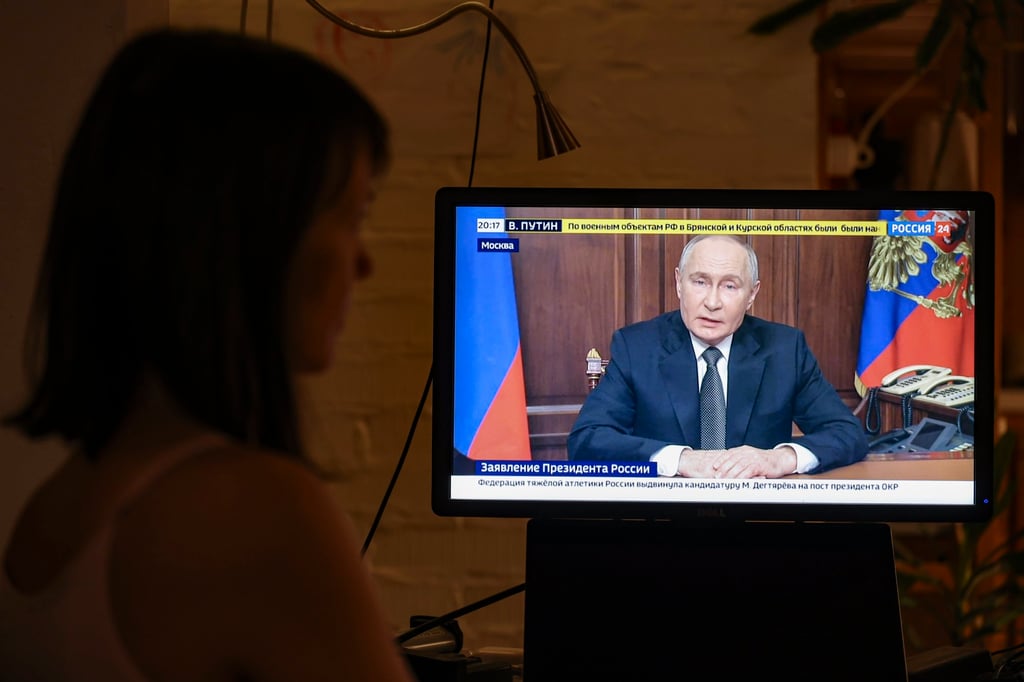 Russian President Vladimir Putin gives a televised speech in Moscow on Thursday. Photo: EPA-EFE