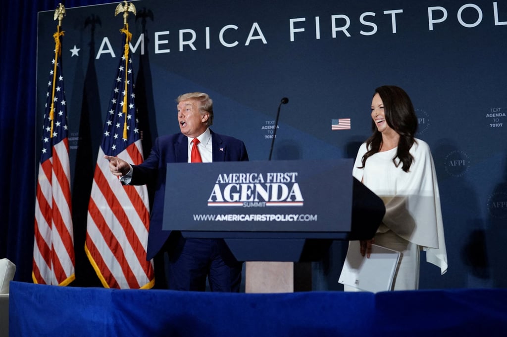 Donald Trump and Brooke Rollins are seen on stage during an America First Policy Institute event in Washington in July 2022. Photo: Reuters Donald Trump and Brooke Rollins are seen on stage during an America First Policy Institute event in Washington in July 2022. Photo: Reuters