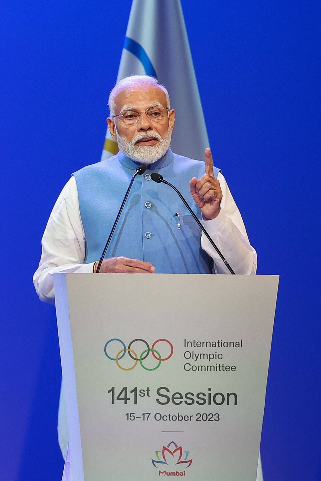 India Prime Minister Narendra Modi addresses the 141st session of the International Olympic Committee (IOC), in Mumbai. Photo: AFP India Prime Minister Narendra Modi addresses the 141st session of the International Olympic Committee (IOC), in Mumbai. Photo: AFP