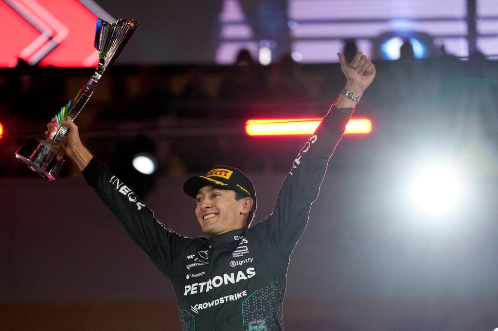 Mercedes driver George Russell celebrates winning the Las Vegas Grand Prix. Photo: AP