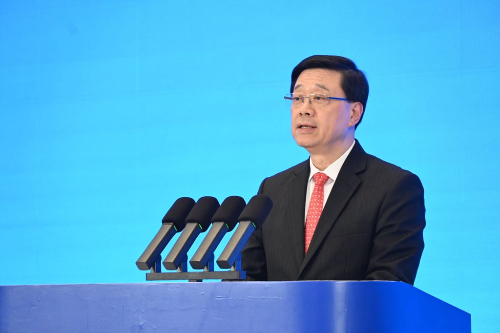 Chief Executive John Lee at the meeting on Monday in Guangzhou. Photo: Handout Chief Executive John Lee at the meeting on Monday in Guangzhou. Photo: Handout