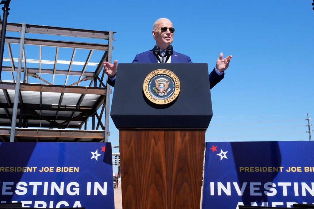 US President Joe Biden speaks about an agreement to provide Intel with billions in funding and loans for computer chip plants in Arizona, Ohio, New Mexico and Oregon in Chandler, Arizona in March 2023. Photo: AP US President Joe Biden speaks about an agreement to provide Intel with billions in funding and loans for computer chip plants in Arizona, Ohio, New Mexico and Oregon in Chandler, Arizona in March 2023. Photo: AP