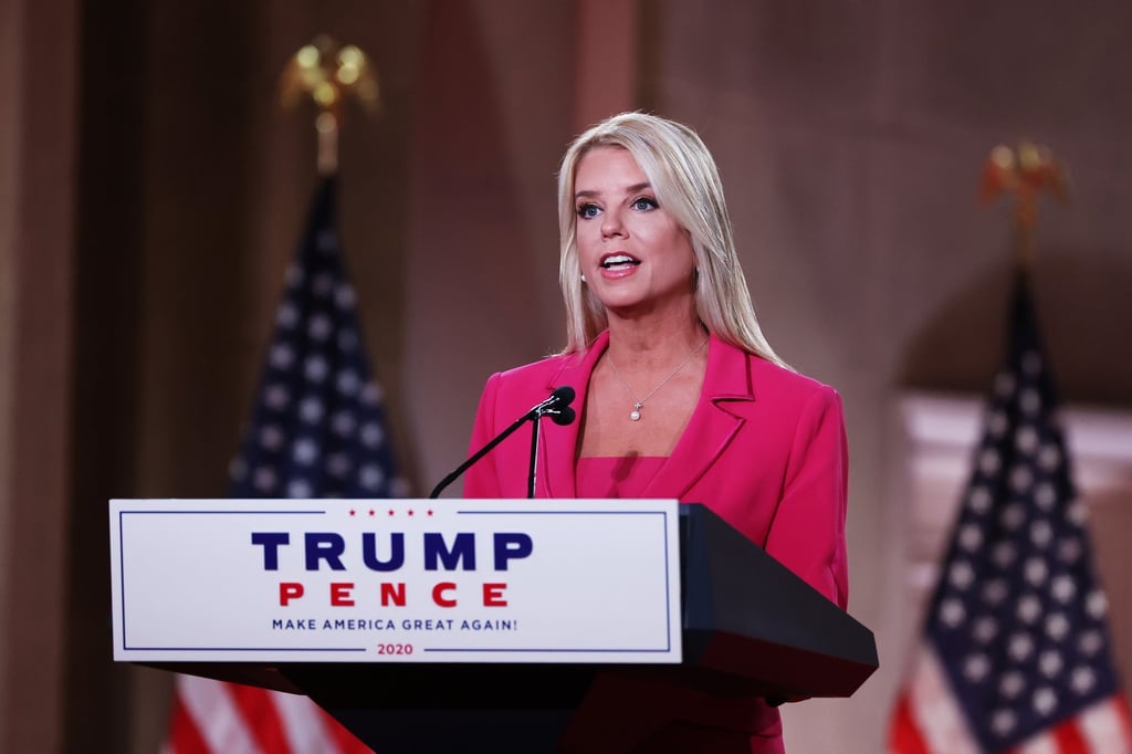 Former Florida attorney general Pam Bondi addresses the Republican National Convention, via television feed, in 2020. Photo: EPA