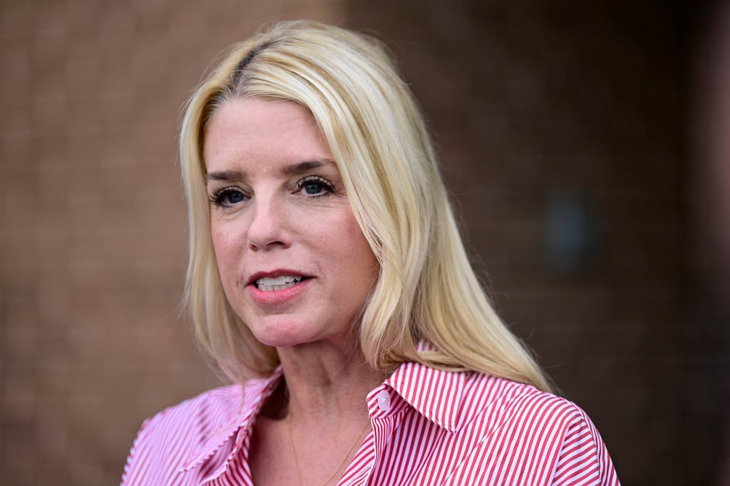 Pam Bondi speaks to reporters outside an election integrity volunteer training centre in Pennsylvania in June. Photo: AP