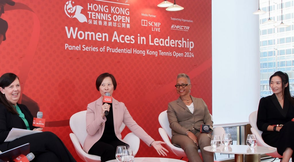 The event’s second panel discussion, which addressed diversity, equity and inclusion, featured (from left) Fiona Nott of The Women’s Foundation, Angel Ng of Prudential Group, former US Tennis Association president Katrina Adams and Prudential Hong Kong Tennis Open assistant tournament director Lynn Zhang Ling.