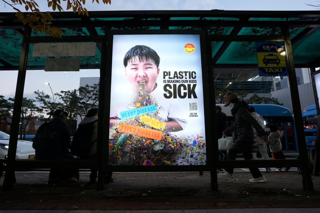 A display board shows an ad calling for a reduction in plastic production, during the fifth session of the UN Intergovernmental Negotiating Committee on Plastic Pollution, at a taxi station in Busan, South Korea, on Saturday. Photo: AP A display board shows an ad calling for a reduction in plastic production, during the fifth session of the UN Intergovernmental Negotiating Committee on Plastic Pollution, at a taxi station in Busan, South Korea, on Saturday. Photo: AP