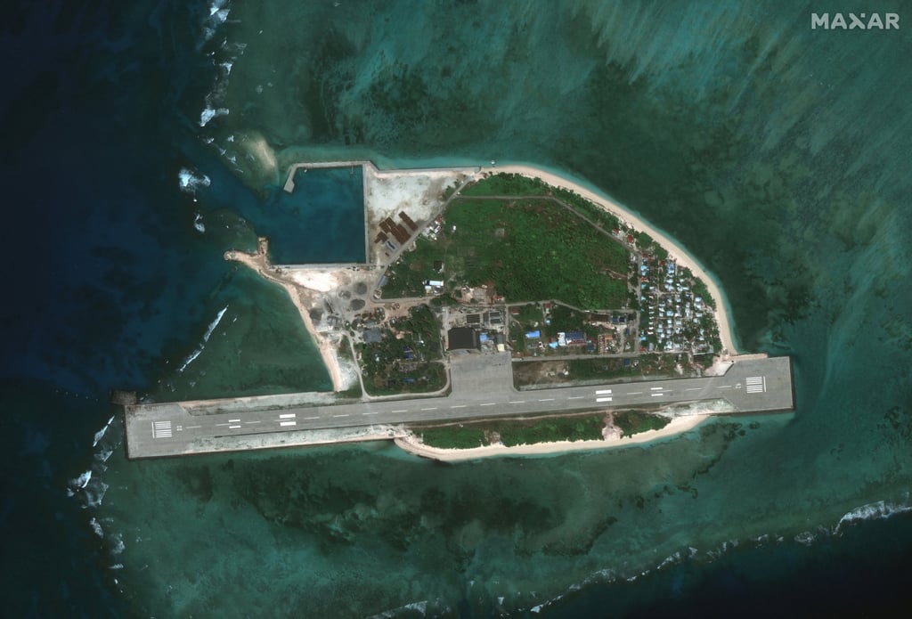 A satellite image of Thitu Island in the South China Sea. Photo: Maxar Technologies/Reuters