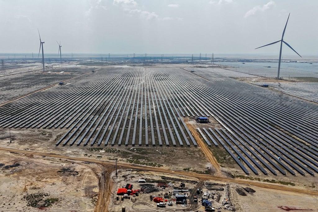 This aerial photograph shows solar panels installed at the Adani Green Renewable Energy Plant in Khavda, in India’s Gujarat state. File photo: AFP This aerial photograph shows solar panels installed at the Adani Green Renewable Energy Plant in Khavda, in India’s Gujarat state. File photo: AFP