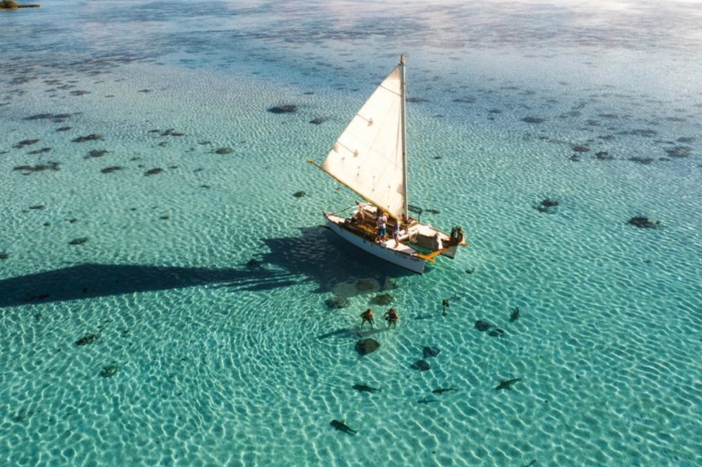 The Vaapiti, a resurrected double-hulled canoe, in the shallow waters off the coast of Moorea, in French Polynesia. Photo: Vaapiti The Vaapiti, a resurrected double-hulled canoe, in the shallow waters off the coast of Moorea, in French Polynesia. Photo: Vaapiti